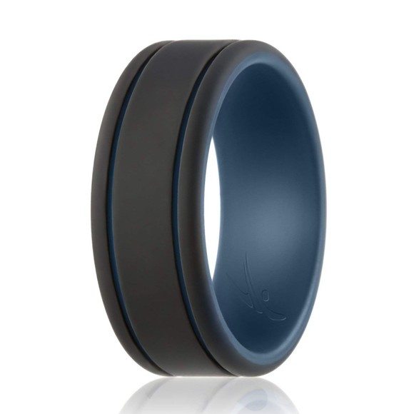 Silicone Wedding Ring - Duo Collection 2 Thin Lines - Blue-Black by ROQ - Picture 2 of 2